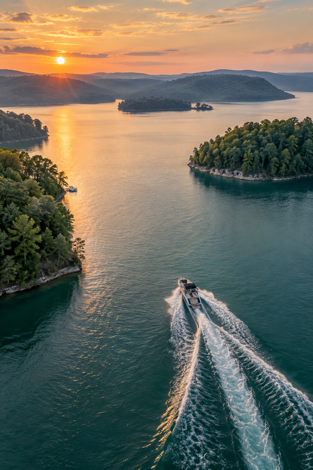 Aerial view of a boat cruising through Norris Lake at golden hour, wake trailing behind it with forested ridges in the background