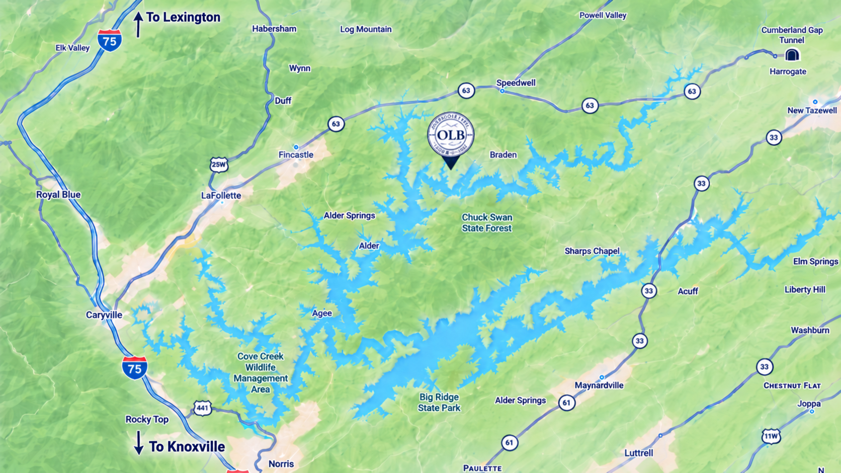 Regional map of Overlook Bay along Norris Lake in East Tennessee