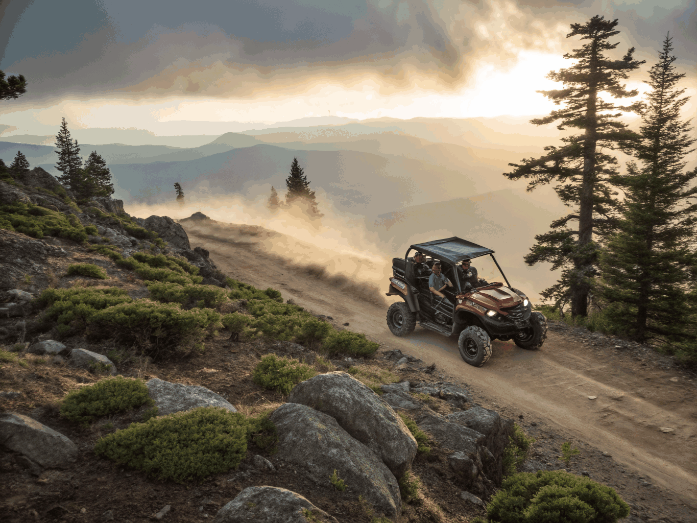 Side-by-side off-road vehicles on a mountain trail with sweeping views of the Cumberland Mountains in East Tennessee